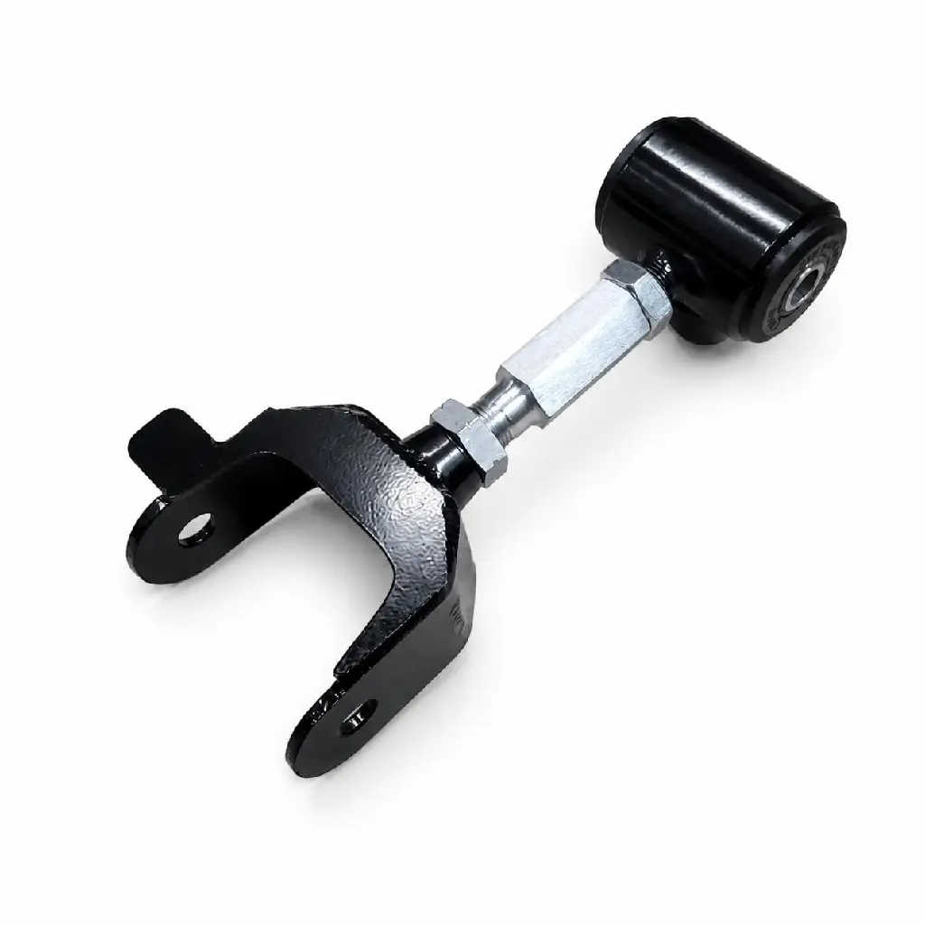Keep the product completely the same as in the original image, including the exact perspective, orientation, forked bracket, mounting holes, silver threaded hardware, locknuts, cylindrical bushing, proportions, finish, and surface details. Only repla.webp