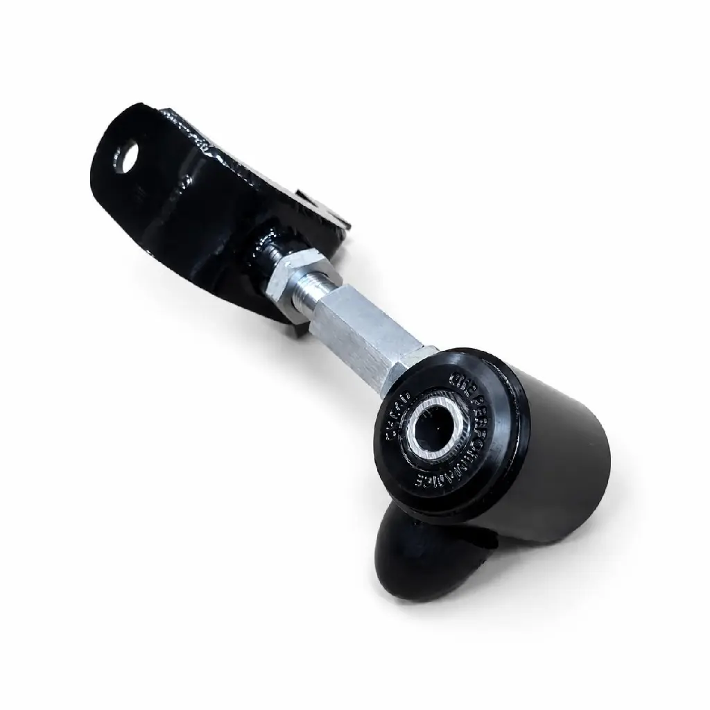 Keep the product completely the same as in the original image, including the exact perspective, orientation, black bracket, hole, silver threaded hardware, hex section, cylindrical bushing, circular lettering, proportions, finish, and surface details.webp