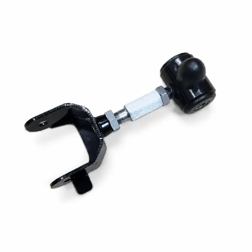 Keep the product completely the same as in the original image, including the exact perspective, orientation, forked bracket, mounting holes, side tab, silver threaded hardware, locknuts, black cylindrical bushing, proportions, finish, and all surface.webp