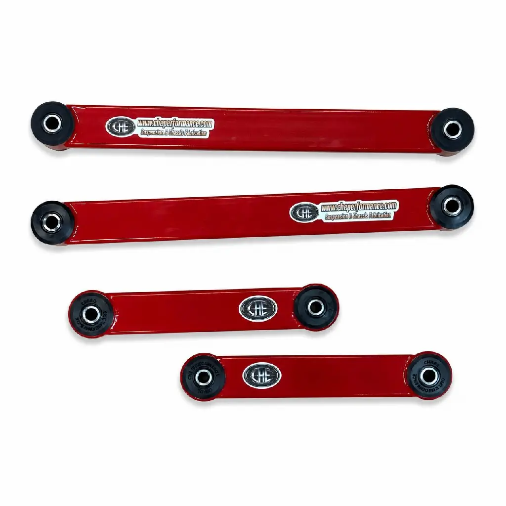 Keep all four red products and their stickers exactly the same as in the original image, including the exact arrangement, positions, spacing, shapes, proportions, red finish, black end bushings, holes, logos, lettering, borders, and every surface det.webp