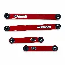 Keep all four red products and their stickers exactly the same as in the original image, including the exact arrangement, positions, spacing, shapes, proportions, red finish, black end bushings, holes, logos, lettering, borders, and every surface det.webp