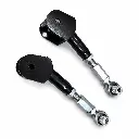 Keep both products exactly the same as in the original image, including their diagonal arrangement, orientation, spacing, perspective, flat black mounting plates and holes, black housings, silver threaded shafts, hex hardware, locknuts, spherical rod.webp