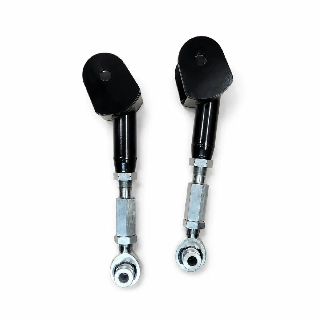 Keep both products exactly the same as in the original image, including their vertical arrangement, orientation, spacing, perspective, flat black mounting plates and holes, black housings, silver threaded shafts, hex hardware, locknuts, polished sphe.webp