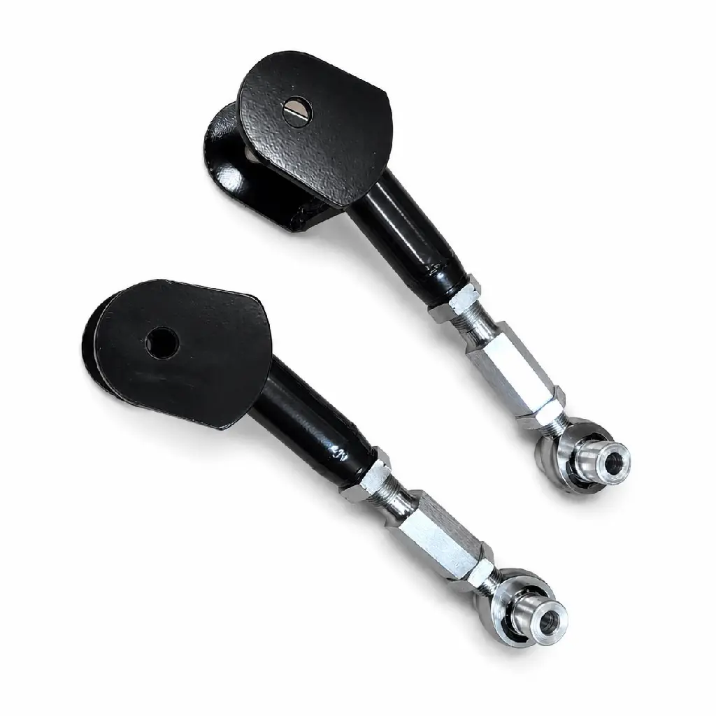 Keep both products exactly the same as in the original image, including their diagonal arrangement, orientation, spacing, perspective, flat black mounting plates and holes, black housings, silver threaded shafts, hex hardware, locknuts, spherical rod.webp