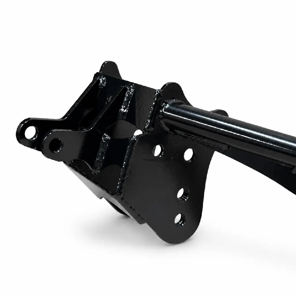 Keep the visible bracket and attached tubular assembly exactly as shown, including the close-up crop, mounting holes, tabs, welds, bolts, proportions, glossy black finish, perspective, and all surface details. Do not complete or invent the cropped ri.webp
