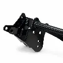 Keep the visible bracket and attached tubular assembly exactly as shown, including the close-up crop, mounting holes, tabs, welds, bolts, proportions, glossy black finish, perspective, and all surface details. Do not complete or invent the cropped ri.webp