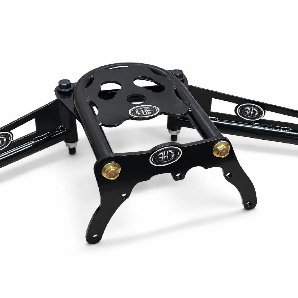Keep the central black mounting assembly and the visible attached left and right frame sections exactly as shown, including the close-up crop, perspective, overlap, proportions, plate cutouts, mounting holes, curved support legs, logos, labels, lette.webp