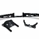 Keep the long horizontal black assembly and both separate loose black components exactly as shown, including the original left and right edge crops, arrangement, perspective, proportions, logos, lettering, mounting holes, cutouts, tubular arms, gloss.webp