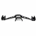Keep the complete long black suspension assembly exactly as shown from end to end, including both end brackets, the diagonal support bars, the central mounting plate and housing, lower curved arms, logos, labels, lettering, holes, bolts, gold-colored.webp