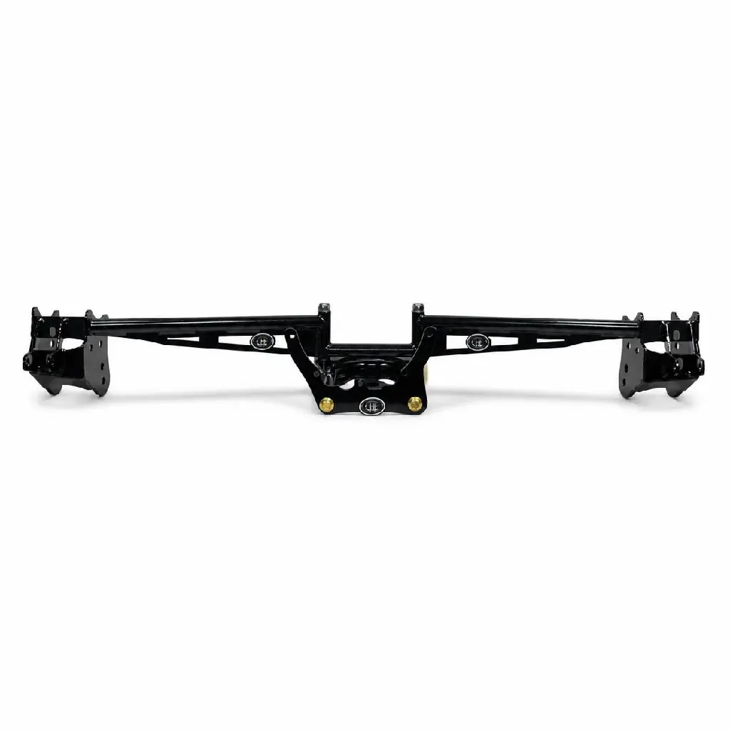 Keep the complete long black suspension assembly exactly as shown from end to end, including both end brackets, the central mounting section, lower center tabs, logos, lettering, holes, bolts, cutouts, welds, proportions, glossy finish, perspective, .webp